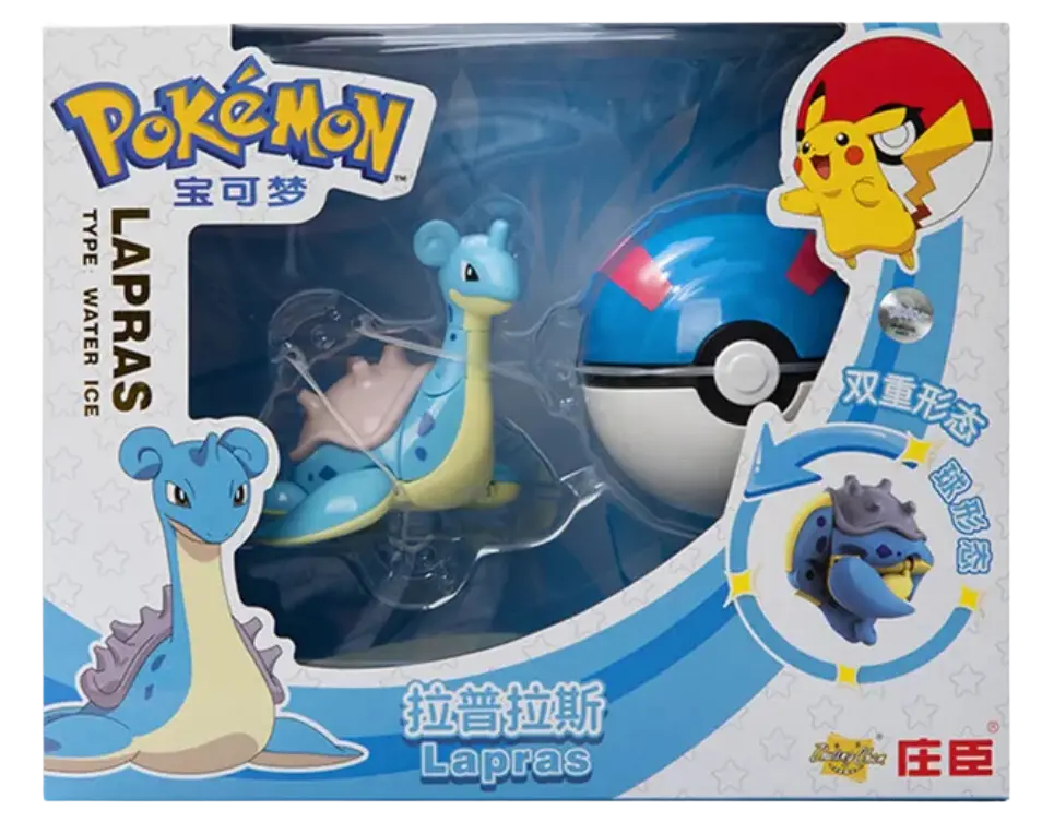 Figurine Lokhlass bleu et jaune en emballage Pokémon avec Poké Ball