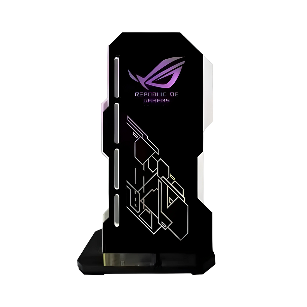 Support GPU 5V 3Pin RGB ASUS ROG Noir avec logo violet et accents géométriques blancs