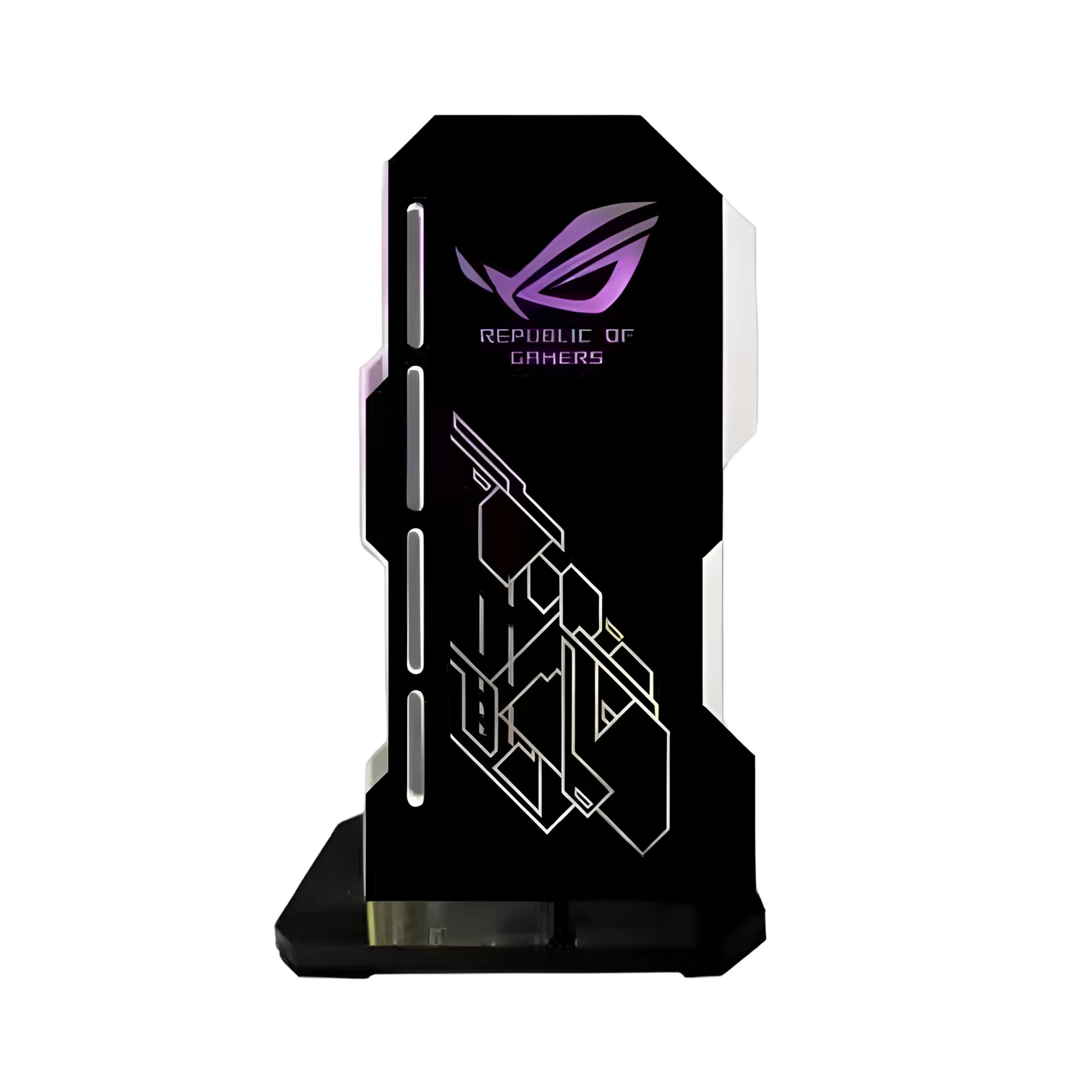 Support GPU 5V 3Pin RGB ASUS ROG Noir avec logo violet et accents géométriques blancs