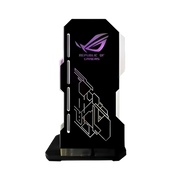 Support GPU 5V 3Pin RGB ASUS ROG Noir avec logo violet et accents géométriques blancs