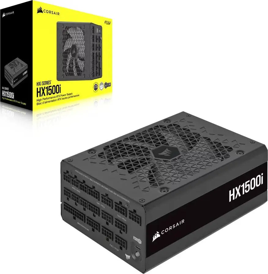 Alimentation Corsair HX1500i 80PLUS Platinum noire ATX haute performance avec grille texturée et connecteurs multiples