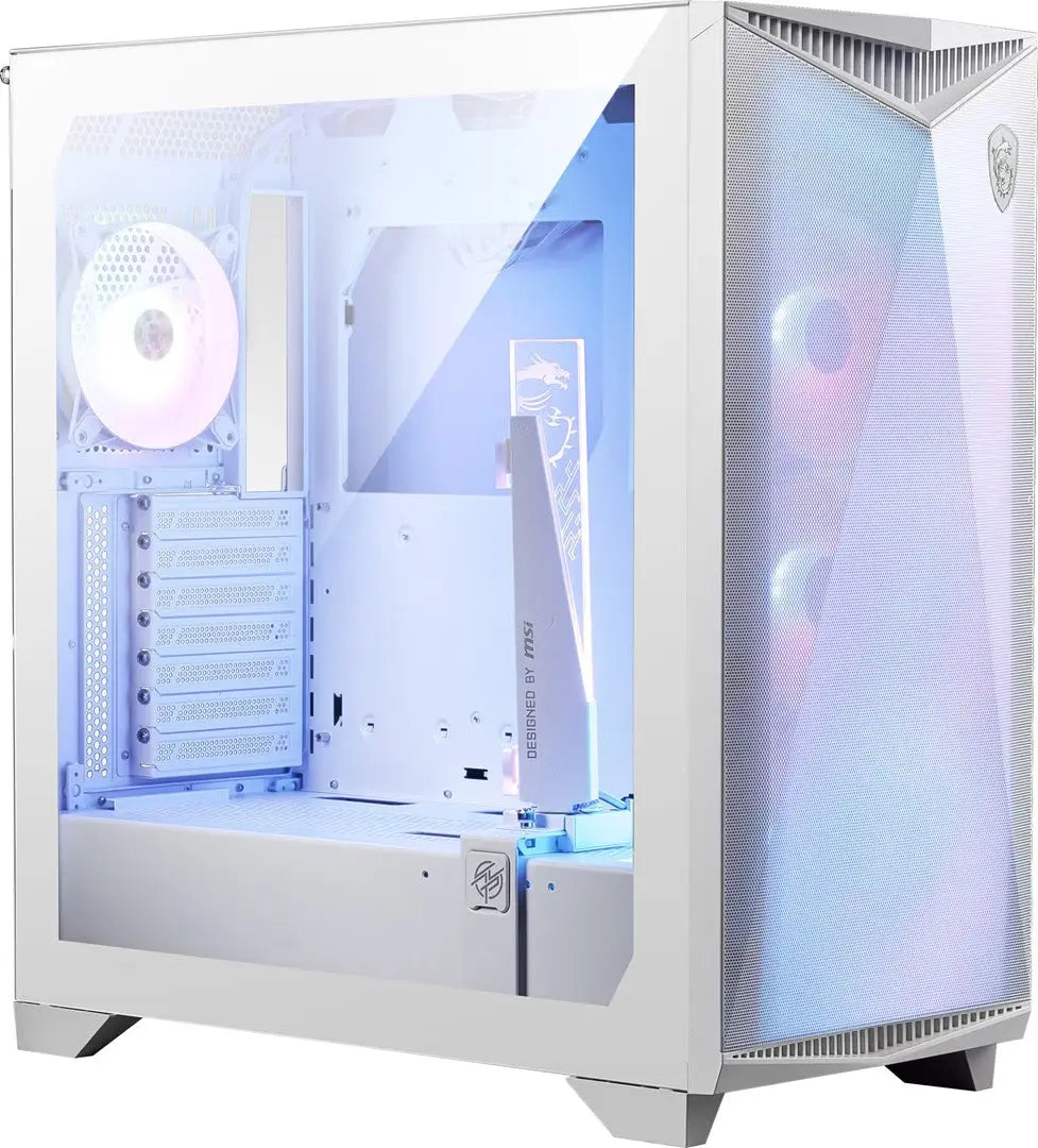 Boîtier blanc MSI MPG GUNGNIR 300R AIRFLOW avec panneau latéral transparent, grille mesh et RGB internes