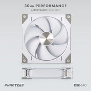 Ventilateur Phanteks D30-140 blanc argenté 30mm à pales aérodynamiques, lot de 3 RGB 14cm