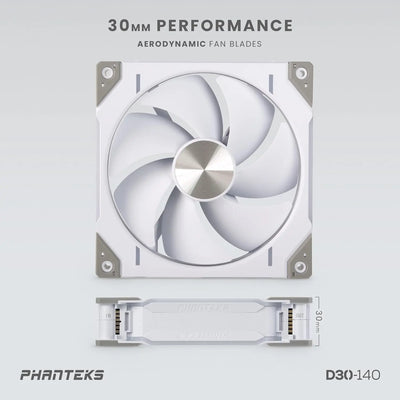 Ventilateur Phanteks D30-140 blanc argenté 30mm à pales aérodynamiques, lot de 3 RGB 14cm