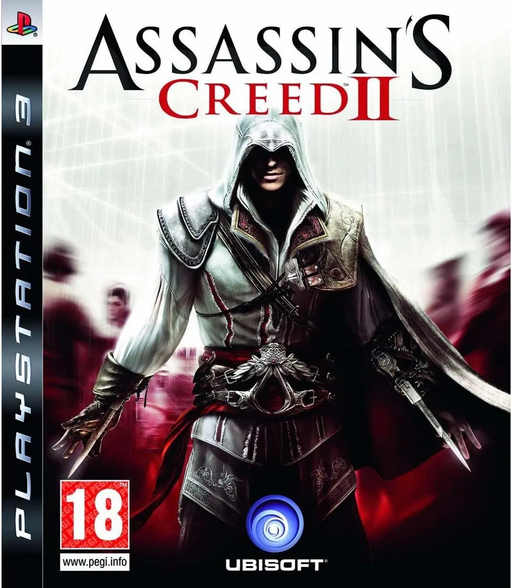 Couverture Assassins Creed II PS3 avec assassin en tenue capuche blanche et rouge
