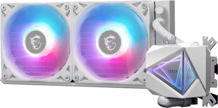 MSI MAG CORELIQUID I240 blanc AIO avec radiateur triangulaire RGB et ventilateurs 120 mm