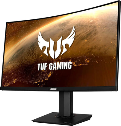 Moniteur incurvé ASUS TUF Gaming 32 pouces 2K HDR 165 Hz avec logo sur fond cosmique orange