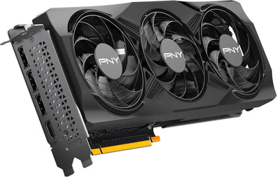 Carte graphique PNY GeForce RTX 5070 12GB OC noire à 3 ventilateurs et connecteur PCIe jaune