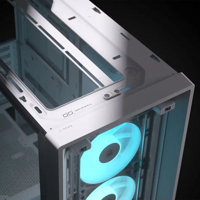 Corsair Frame 4000D RS ARGB Blanc avec boîtier blanc infinity, panneau translucide et ventilateurs bleus lumineux