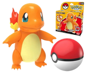Figurine Pokémon Salamèche en plastique orange et jaune avec queue flamme rouge et Poké Ball