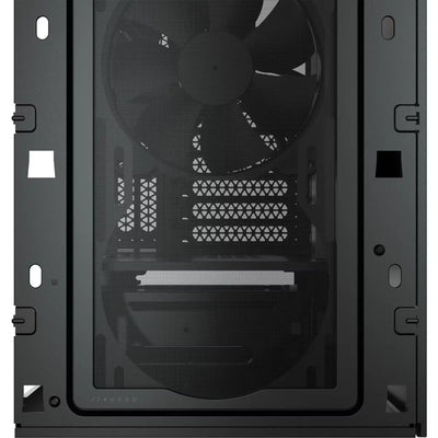 Boîtier PC Corsair 4000D Airflow Noir en verre noir avec ventilateur visible et panneaux maillés