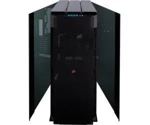 Boîtier PC Corsair Obsidian 1000D noir mat, design angulaire minimaliste, LED bleue subtile