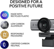 Webcam Logitech MX Brio 4K ultra-large angle, corps gris élégant et lentille noire