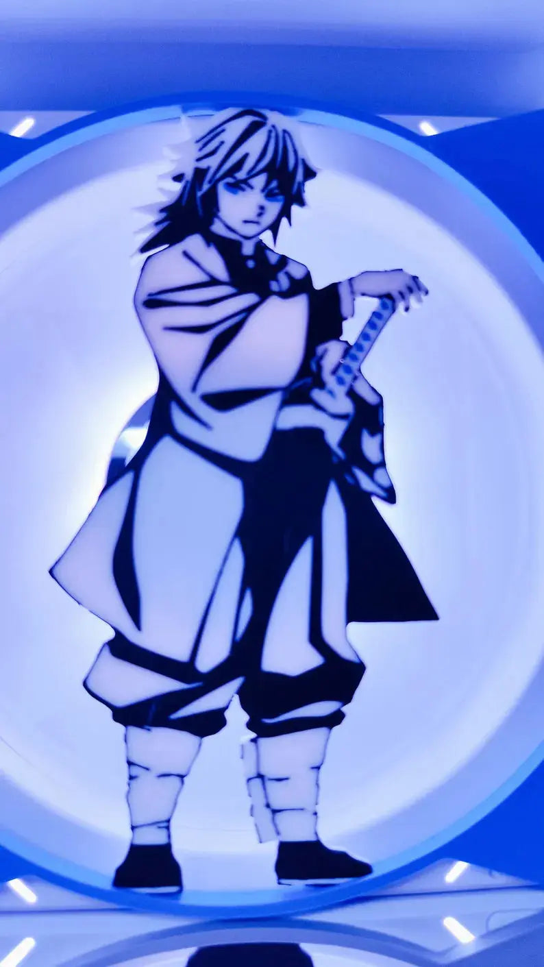 Grille ventilateur Demon Slayer 120/140mm Sanemi Shinazugawa bleue éclairée avec personnage anime à l’épée