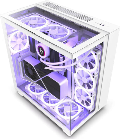 Boîtier NZXT H9 Elite Blanc avec panneau latéral transparent et LED violettes
