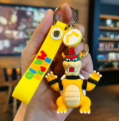 Porte-clés Mario Bowser jaune caoutchouc avec lettres Super Mario colorées