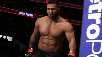 Rendu digital musclé torse nu de Mike Tyson en short noir et gants rouge-noir pour UFC 2 PS4