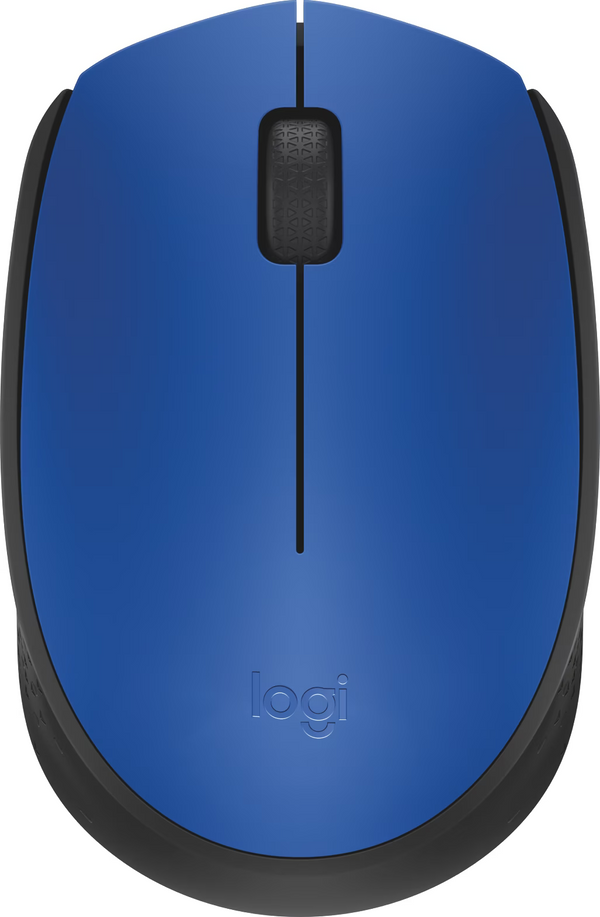 Souris sans fil Logitech M171 bleue, vue de dessus avec logo Logi