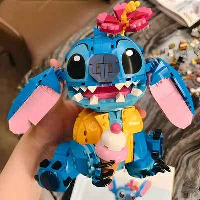 Ensemble Brick Disney Stitch 730 pièces avec oreilles roses, chemise jaune et fleur