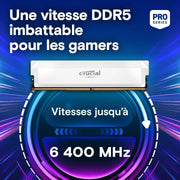 Kit mémoire RAM Crucial DDR5 32 Go blanc 6000 MHz avec contacts dorés
