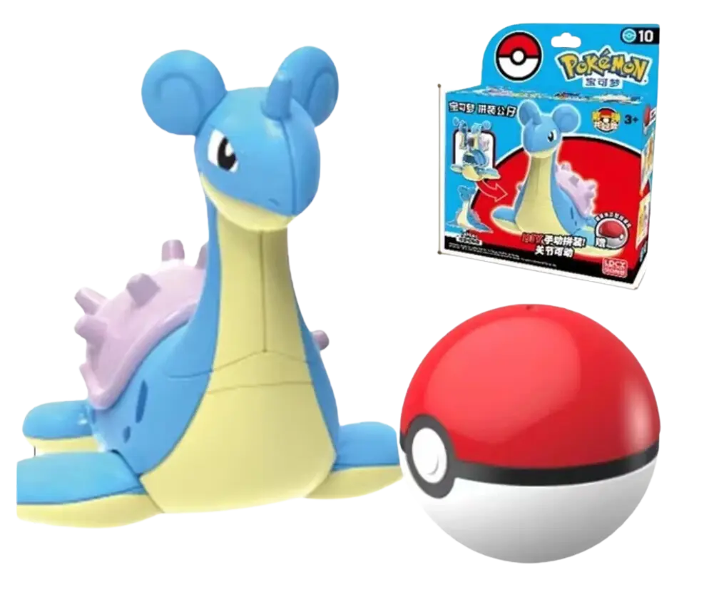 Figurine Pokémon Lokhlass bleue et jaune plastique avec coquille violette et Poké Ball rouge et blanche