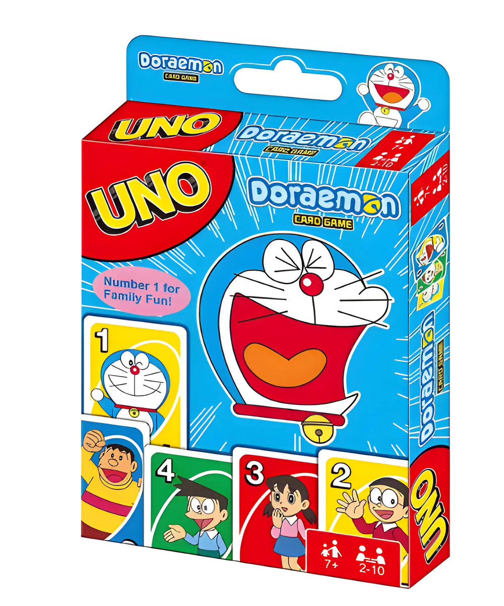 Boîte Uno Édition Spéciale Doraemon bleu rouge avec chat robot souriant