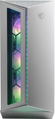 PC gamer MSI MPG GUNGNIR 110R BLANC argent avec panneau latéral transparent et ventilateurs RGB colorés