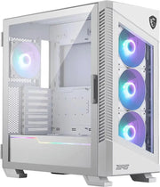 Boîtier blanc MSI MPG VELOX 100R avec panneau transparent et éclairage RGB violet bleu
