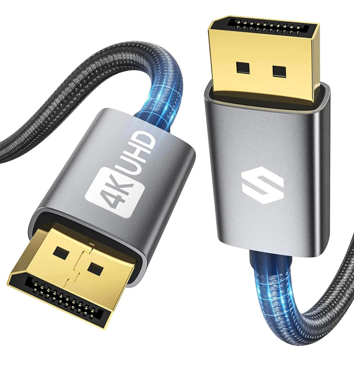 Câble DisplayPort mâle-mâle argent/or 4K UHD 60Hz tressé noir/bleu