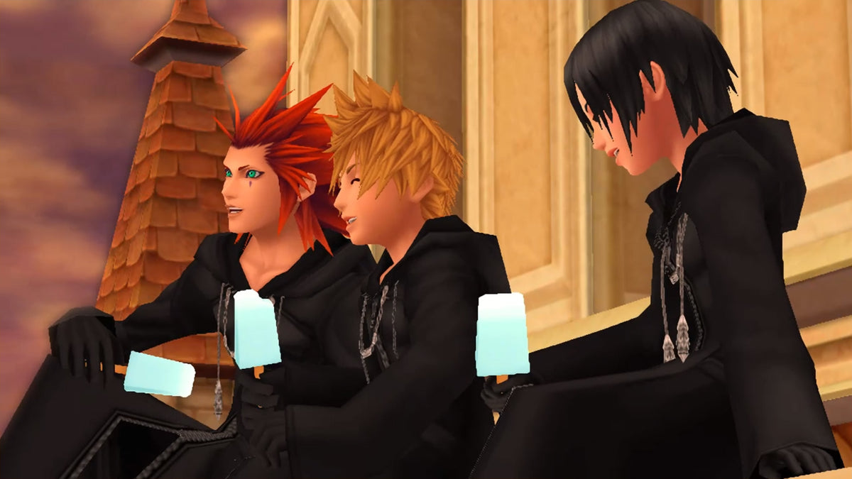 Axel, Roxas et Xion assis sur la tour de l'horloge dans Kingdom Hearts Collection I-III