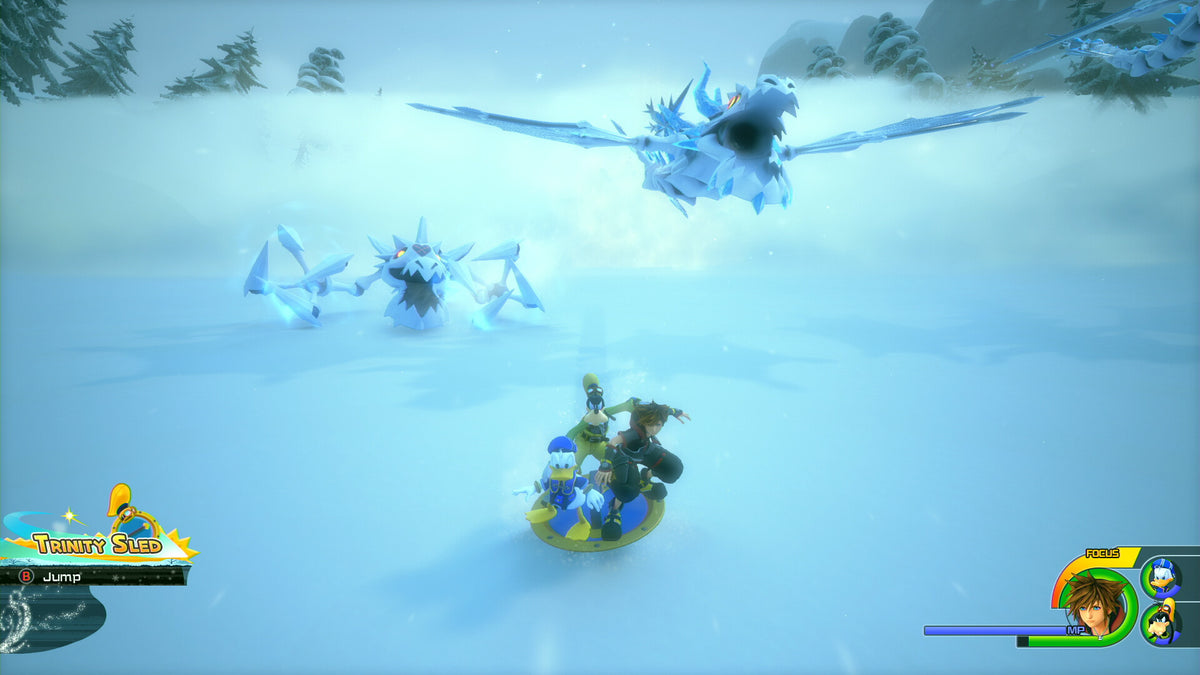 Sora face à un Sans-cœur de glace dans le monde de La Reine des neiges, Kingdom Hearts III