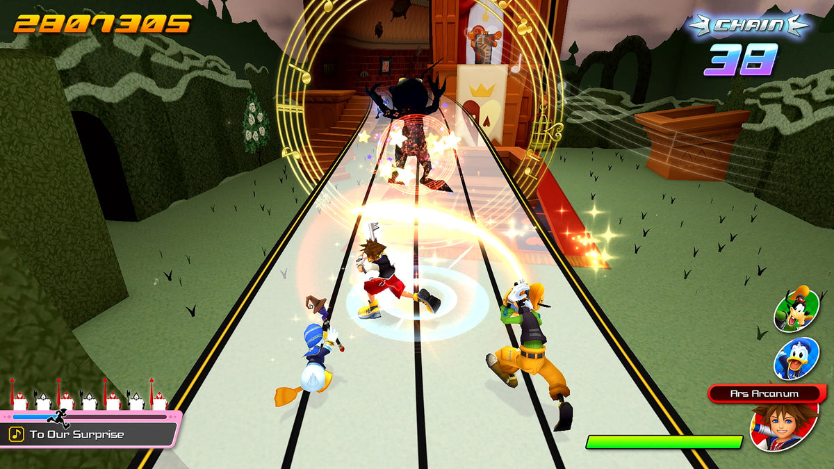 Sora, Donald et Dingo sur une piste rythmique dans Kingdom Hearts Melody of Memory