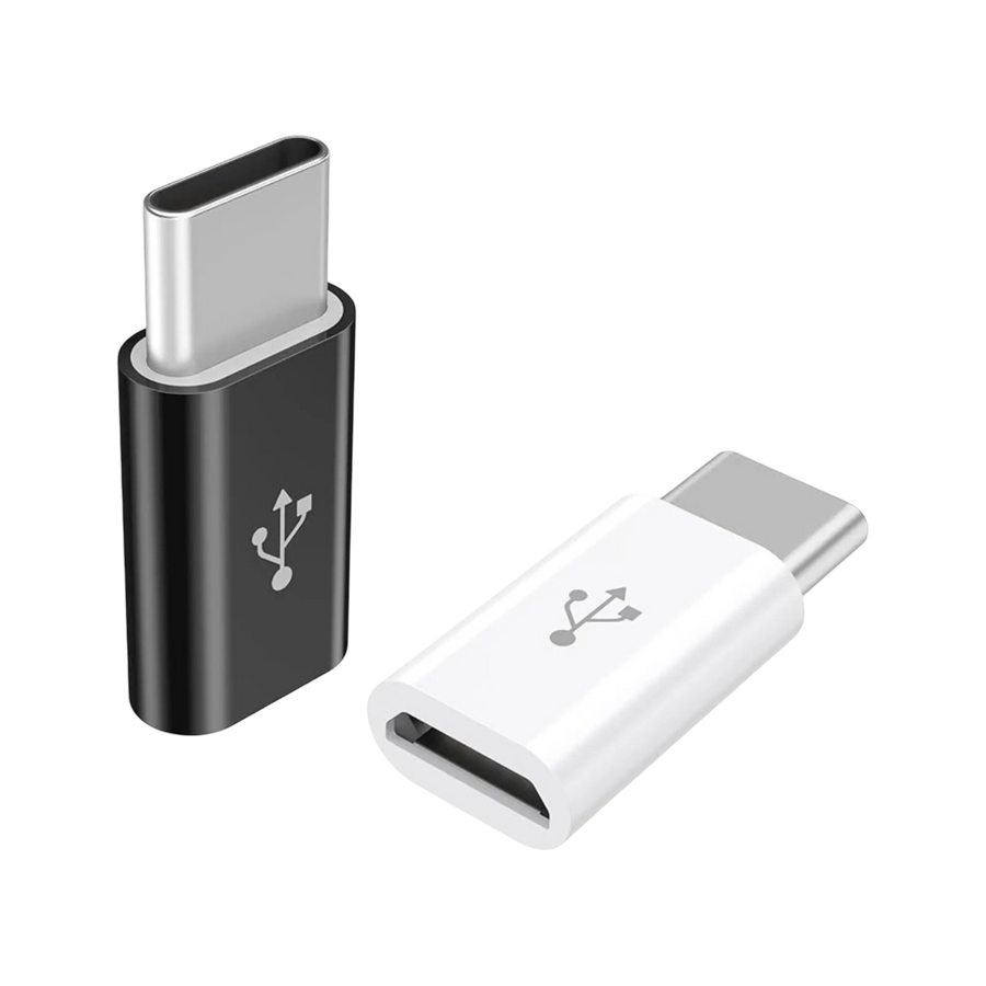 Adaptateur USB-C mâle vers micro USB femelle noir et blanc avec contacts métalliques