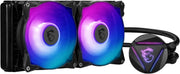 Système de refroidissement liquide MSI MAG CORELIQUID 240R V2 noir à double ventilateur RGB violet et bleu avec logo dragon