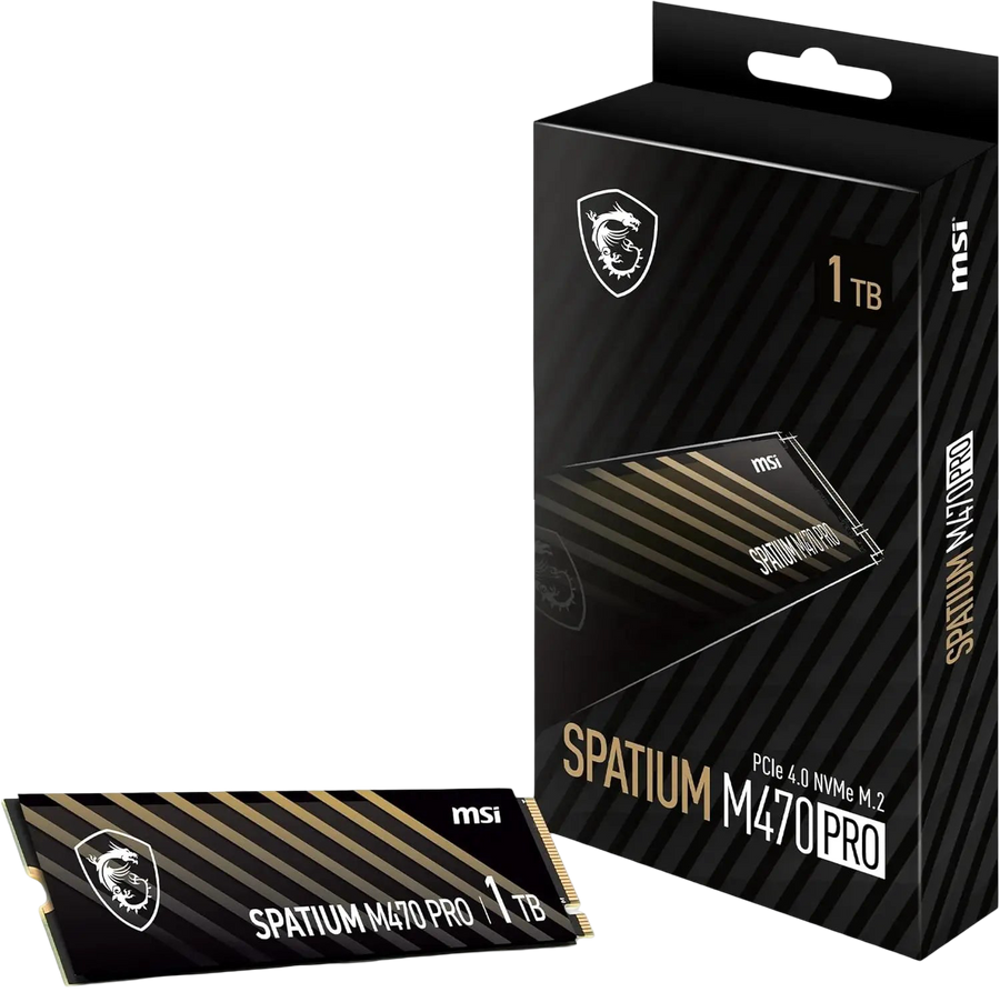 Emballage MSI SPATIUM M470 Pro SSD 1 To PCIe 4.0 NVMe M.2 noir et or rayé