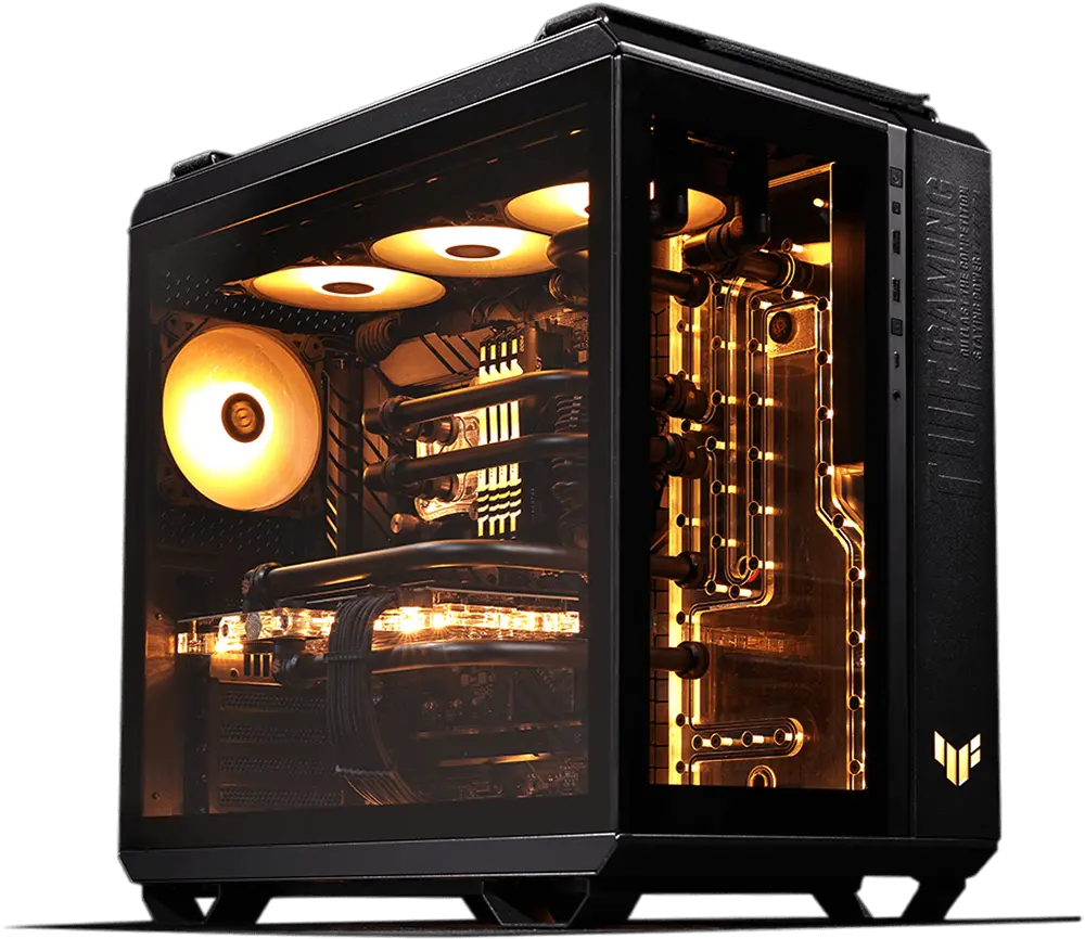Boîtier PC Gamer ASUS GT502 Noir avec verre trempé noir, composants dorés et ventilateurs illuminés