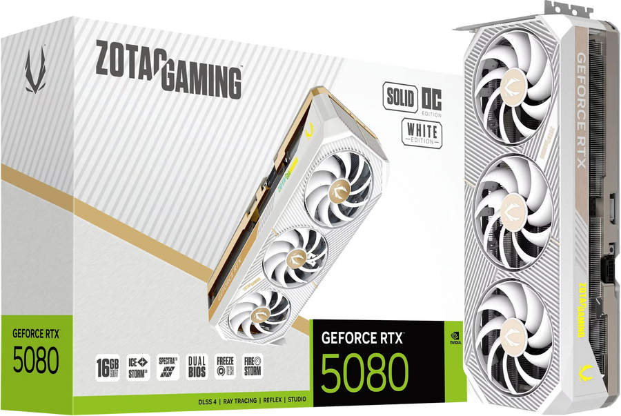 Carte graphique ZOTAC Gaming GeForce RTX 5080 SOLID OC White Edition, packshot principal